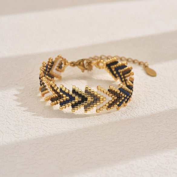 Handmade Stainless Steel Bracelet With Glass Glazed Rhombus Pattern Beads In Bohemian Style