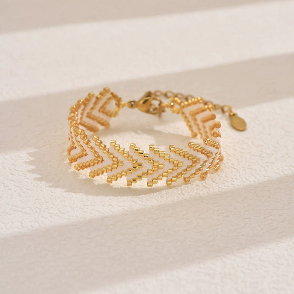 Handmade Stainless Steel Bracelet With Glass Glazed Rhombus Pattern Beads In Bohemian Style