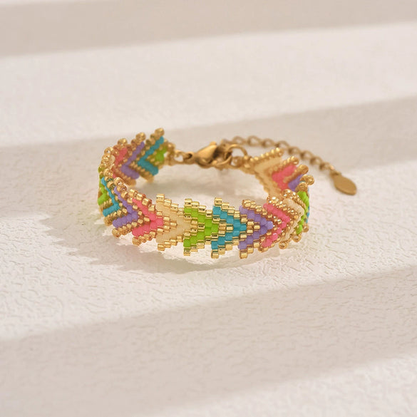 Handmade Stainless Steel Bracelet With Glass Glazed Rhombus Pattern Beads In Bohemian Style