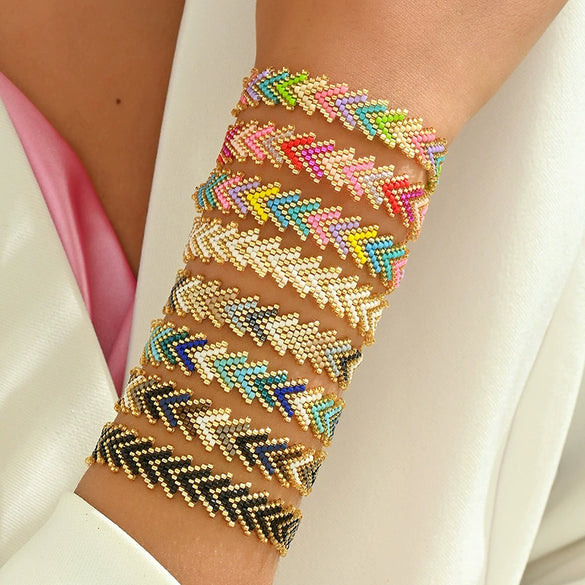 Handmade Stainless Steel Bracelet With Glass Glazed Rhombus Pattern Beads In Bohemian Style