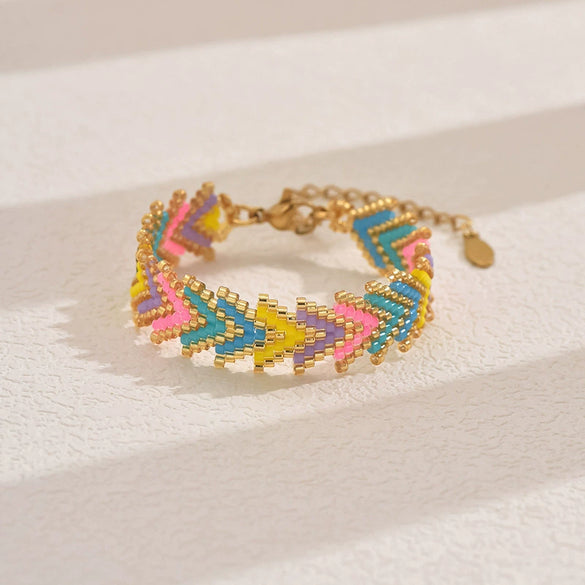 Handmade Stainless Steel Bracelet With Glass Glazed Rhombus Pattern Beads In Bohemian Style