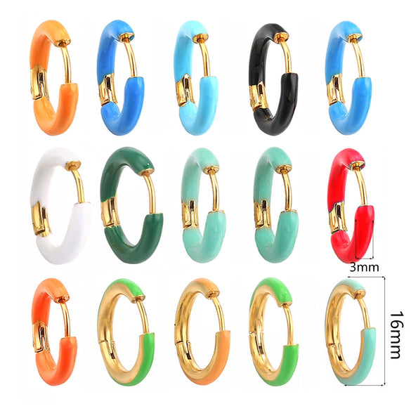Handmade Stainless Steel Ear Buckle With Enamel Color And Oil Drop Design Geometric Style Electroplated