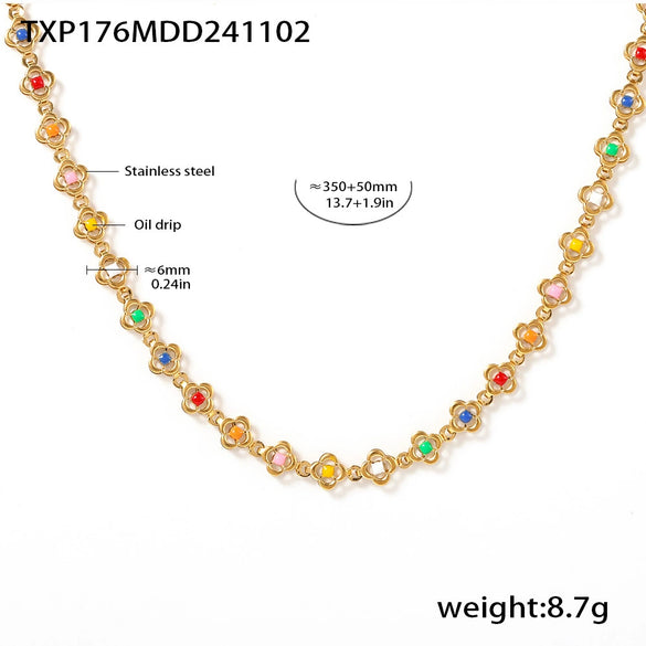 Handmade Stainless Steel Flower Chain Oil Dropping Color Necklace Bracelet Kanklet Suit With Electroplating