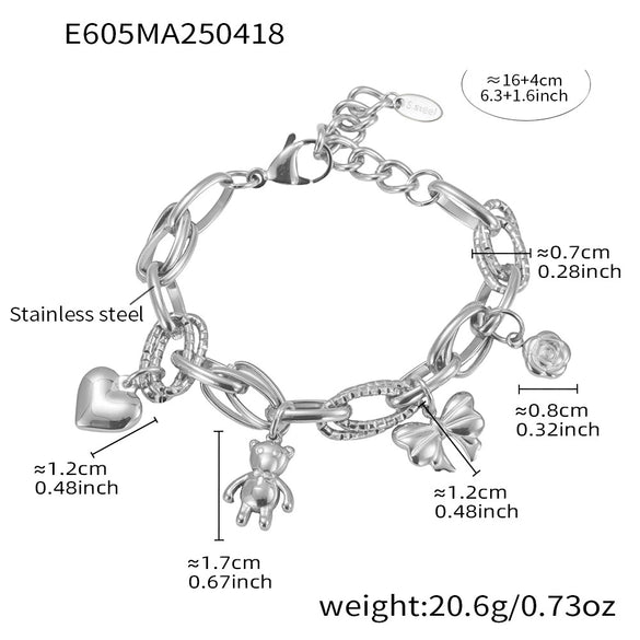 Handmade 316L Stainless Steel Geometric Pattern Women's Fashion Electroplated Bracelet With Bear Love Bow Multiaccessories