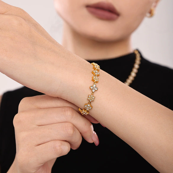 Handmade 316L Stainless Steel Inlaid Zircon Geometric Floret Women's Bracelet 18K Real Gold Plated