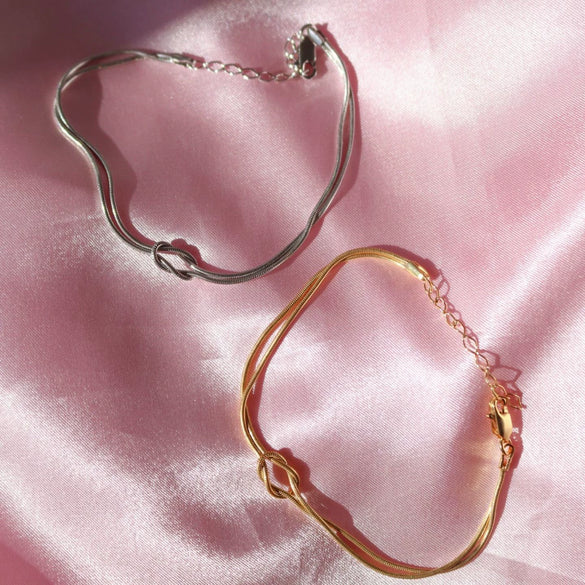 Handmade Stainless Steel Knot Snake Chain Necklace And Clavicle Chain Bracelet With Electroplated Real Gold Color Preservation For Women Geometric Pattern