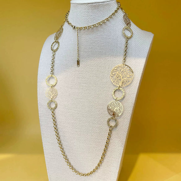 Handmade Stainless Steel Long Sweater Chain Necklace With Hollow Longevity Tree Ring Pattern And Electroplating Treatment