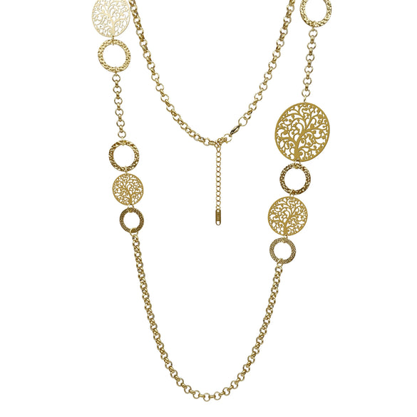 Handmade Stainless Steel Long Sweater Chain Necklace With Hollow Longevity Tree Ring Pattern And Electroplating Treatment