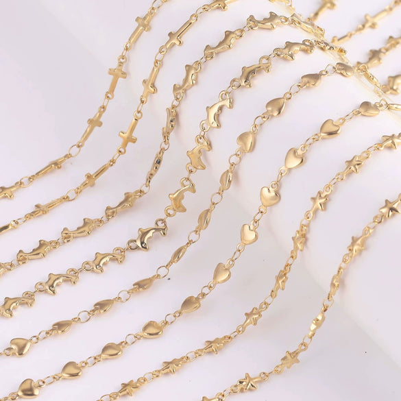 Handmade Stainless Steel Vacuum Chain With Golden Heart Cross Frame And Five Pointed Star For Diy Necklace Accessories Electroplated