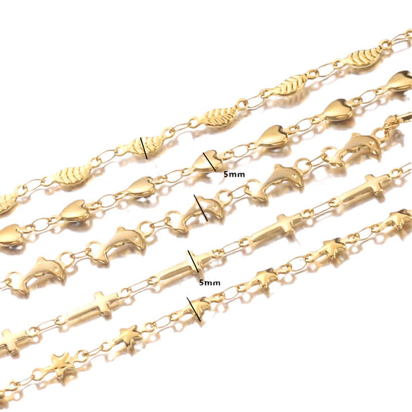 Handmade Stainless Steel Vacuum Chain With Golden Heart Cross Frame And Five Pointed Star For Diy Necklace Accessories Electroplated