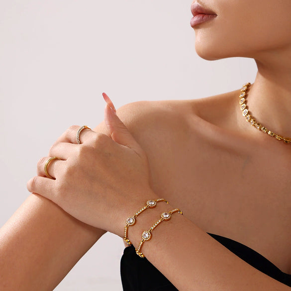 Handmade Stainless Steel Zircon Round Star Geometric Elegant Women's Bracelet 18K Gold Plated