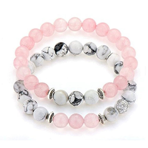 Handmade Stone Beaded Couple Bracelet With 8Mm Crystal White Turquoise Frosted Geometric Design Unisex