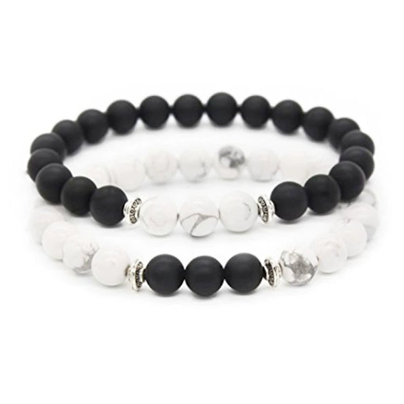 Handmade Stone Beaded Couple Bracelet With 8Mm Crystal White Turquoise Frosted Geometric Design Unisex
