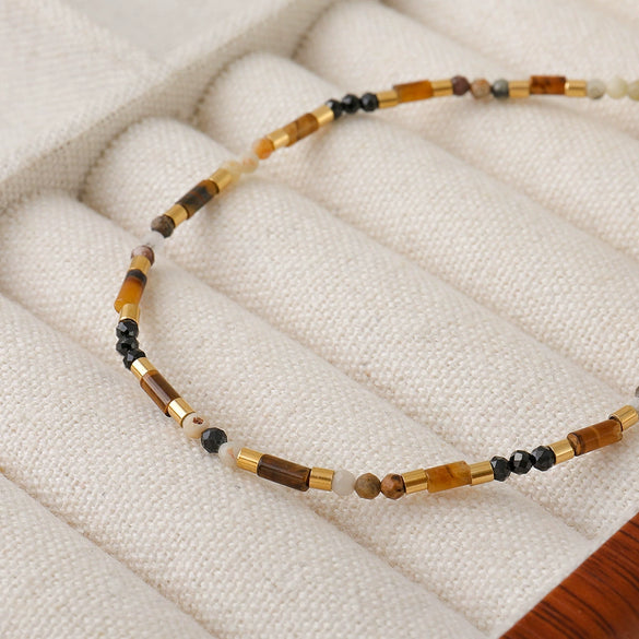 Handmade Tiger Eye Stone And Black Spinel Geometric Clavicle Chain Necklace