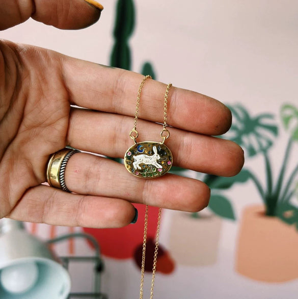 Handmade Titanium Steel Rabbit Pendant Necklace With Oil Dripping Element And Tarot Design Electroplated 18K Gold