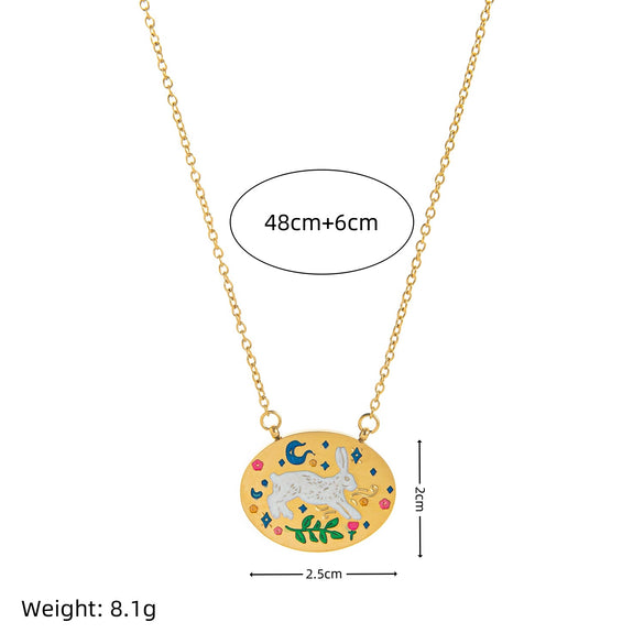 Handmade Titanium Steel Rabbit Pendant Necklace With Oil Dripping Element And Tarot Design Electroplated 18K Gold