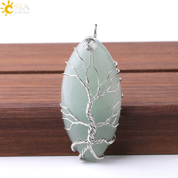 Handmade Tree Of Life Natural Stone Pendant Necklace Minimalist Copper Wire Wrapped Crystal Jewelry
