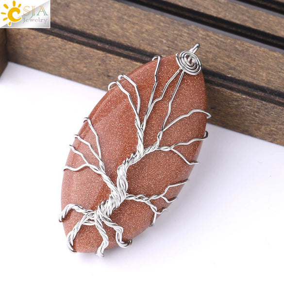 Handmade Tree Of Life Natural Stone Pendant Necklace Minimalist Copper Wire Wrapped Crystal Jewelry