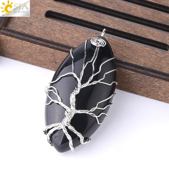 Handmade Tree Of Life Natural Stone Pendant Necklace Minimalist Copper Wire Wrapped Crystal Jewelry