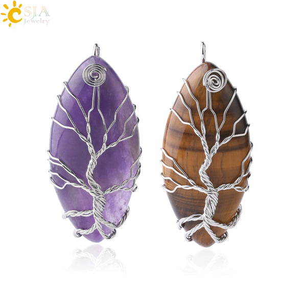 Handmade Tree Of Life Natural Stone Pendant Necklace Minimalist Copper Wire Wrapped Crystal Jewelry