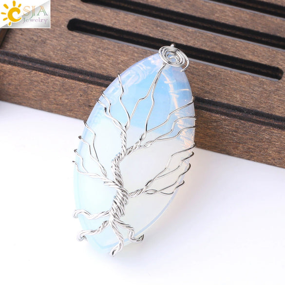 Handmade Tree Of Life Natural Stone Pendant Necklace Minimalist Copper Wire Wrapped Crystal Jewelry