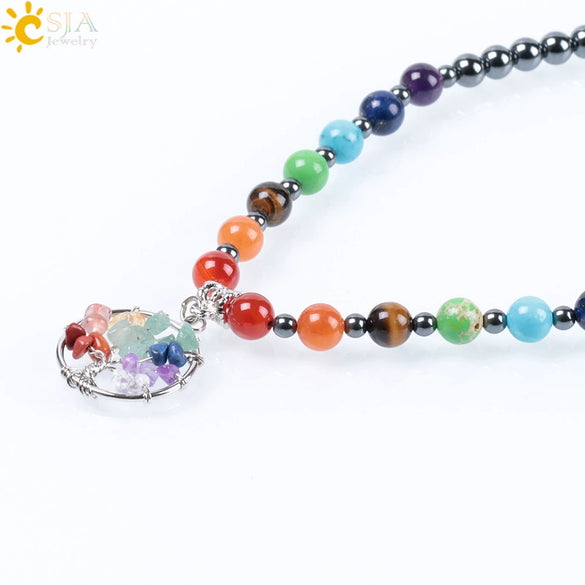 Handmade Tree Of Life Natural Stone Pendant Necklace With Winding Gravel Design Rope Chain And Electroplated Copper Accessories