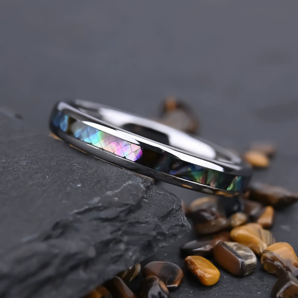 Handmade Tungsten Steel Couple Rings With Curved Surfaces And Fully Inlaid Shells Minimalist Geometric Unisex Jewelry