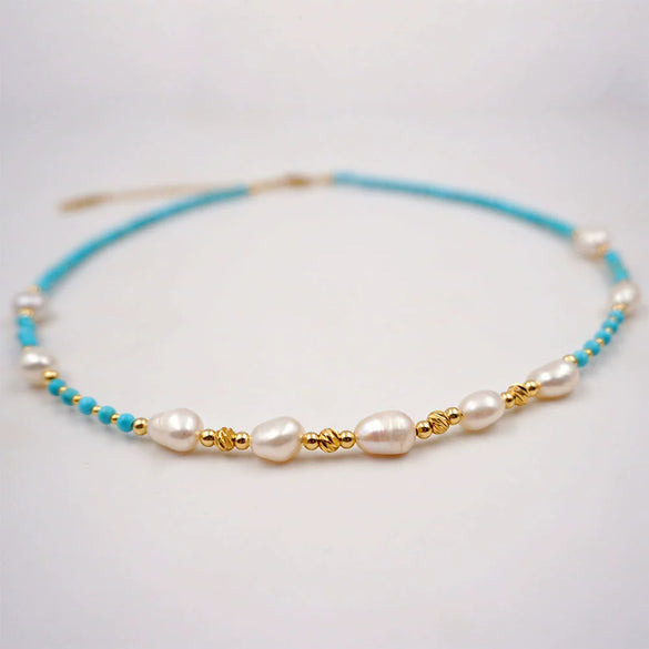 Handmade Turquoise Freshwater Pearl Geometric Style Necklace Bracelet For Women