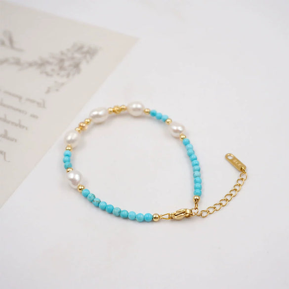 Handmade Turquoise Freshwater Pearl Geometric Style Necklace Bracelet For Women