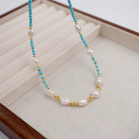 Handmade Turquoise Freshwater Pearl Geometric Style Necklace Bracelet For Women