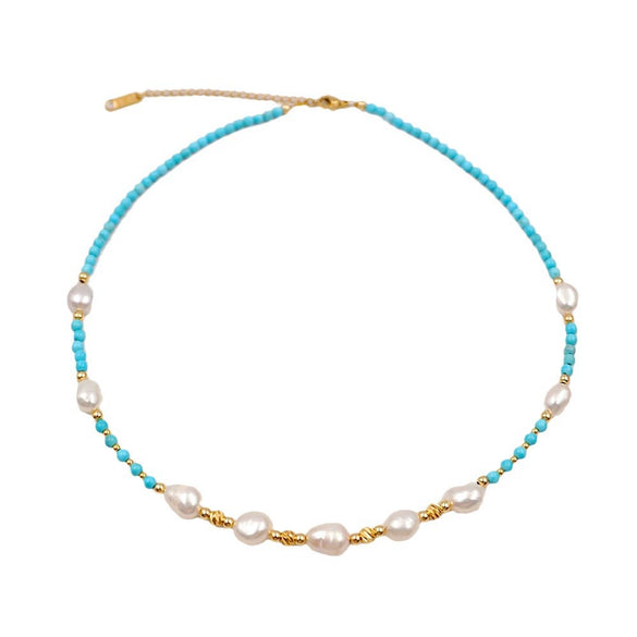 Handmade Turquoise Freshwater Pearl Geometric Style Necklace Bracelet For Women