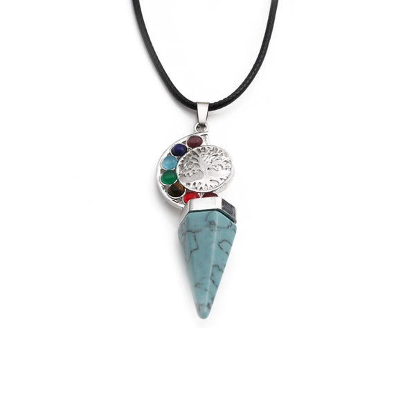 Handmade Turquoise Tree Of Life Cone Pendant Necklace With Alloy Pendant And Wax Rope Chain Geometric Mori Style Unisex Jewelry