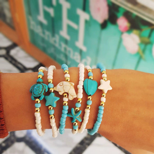 Handmade Unisex Bohemian Style Bracelet And Anklet With Rice Beads Pine Stone Animal And Zodiac Pattern Heart Starfish Turtle Shape