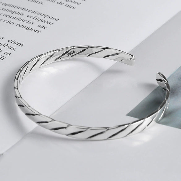 Handmade Vintage Distressed Sterling Silver Twist Woven Open Bracelet Old Finish Couple Bangle