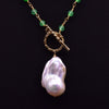 Handmade Women's Baroque Pearl And Green Agate Crystal Pendant Long Neck Collarbone Necklace With Geometric Design