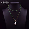 Handmade Women's Baroque Pearl And Green Agate Crystal Pendant Long Neck Collarbone Necklace With Geometric Design