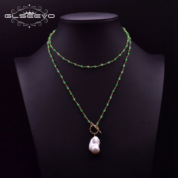 Handmade Women's Baroque Pearl And Green Agate Crystal Pendant Long Neck Collarbone Necklace With Geometric Design