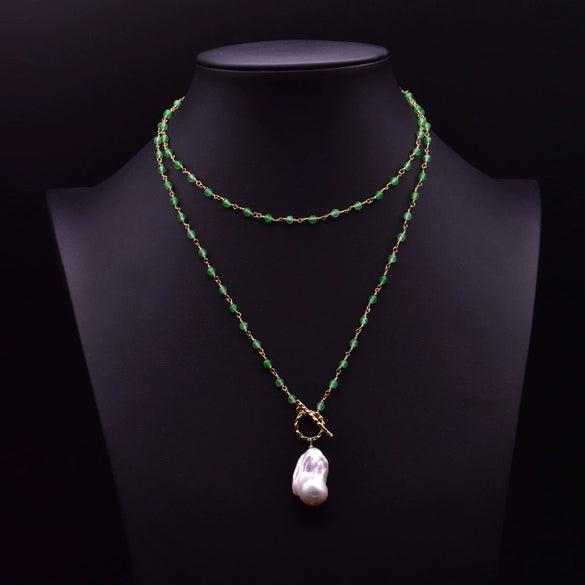 Handmade Women's Baroque Pearl And Green Agate Crystal Pendant Long Neck Collarbone Necklace With Geometric Design