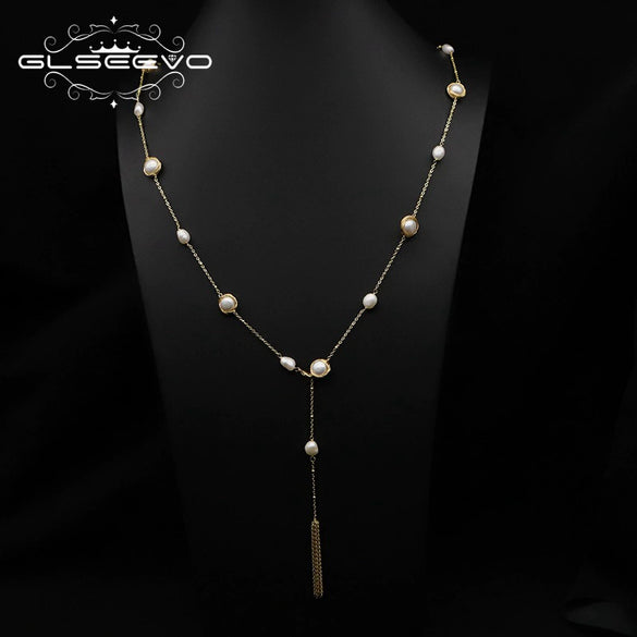 Handmade Women's Baroque Pearl And Green Agate Crystal Pendant Long Neck Collarbone Necklace With Geometric Design