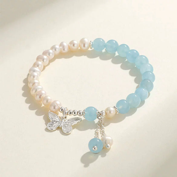 Handmade Women's Bracelet With Freshwater Pearl Southern Red Agate Aquamarine Beeswax And Rhombus Pattern