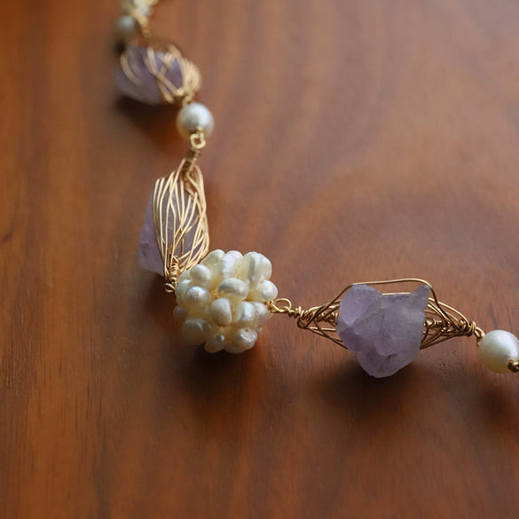 Handmade Women's Bracelet With Natural Freshwater Pearl Purple Crystal And Diamond Pattern Electroplated