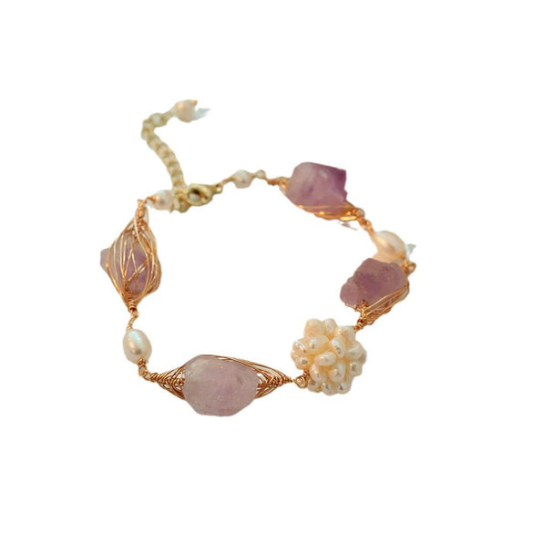 Handmade Women's Bracelet With Natural Freshwater Pearl Purple Crystal And Diamond Pattern Electroplated