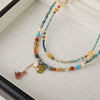 Handmade Women's Necklace With Czech Beads African Pine Glass Beads Red Agate Geometric Pattern Copper Pendant