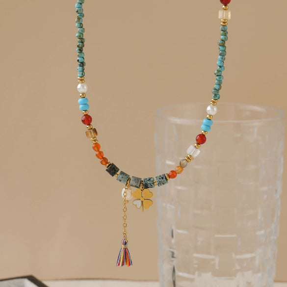 Handmade Women's Necklace With Czech Beads African Pine Glass Beads Red Agate Geometric Pattern Copper Pendant