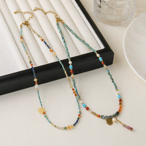 Handmade Women's Necklace With Czech Beads African Pine Glass Beads Red Agate Geometric Pattern Copper Pendant