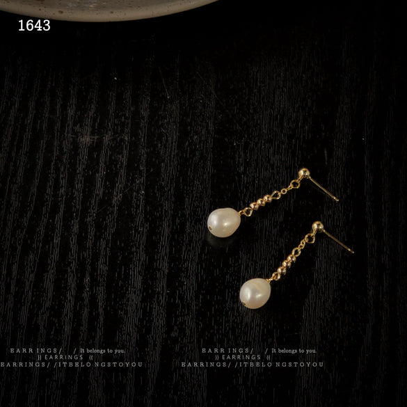 Handmade Women's 925 Silver Geometric Round Freshwater Baroque Pearl Pin Earrings Fashion Slimming Face Earrings