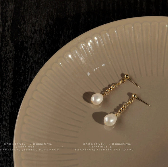 Handmade Women's 925 Silver Geometric Round Freshwater Baroque Pearl Pin Earrings Fashion Slimming Face Earrings