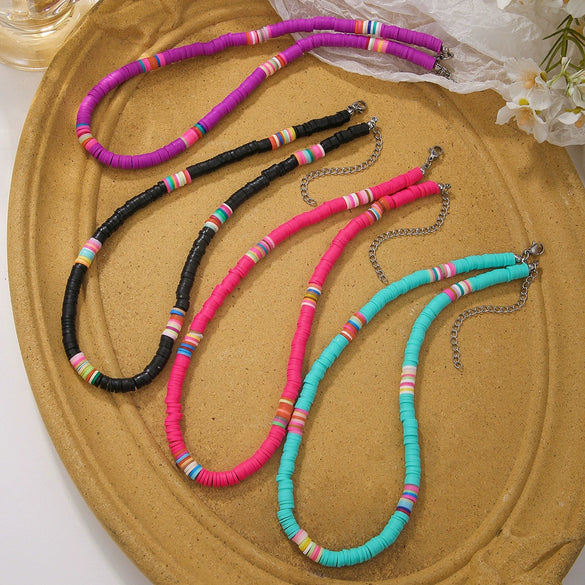 Handmade Women's Soft Ceramic Beaded Clavicle Necklace Geometric Style Stainless Steel And Clay