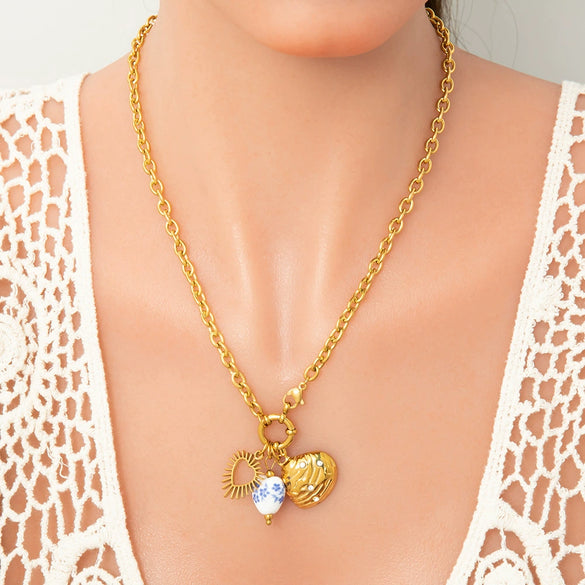 Handmade Women's Stainless Steel Heart Pendant Necklace With 18K Gold Electroplated Finish