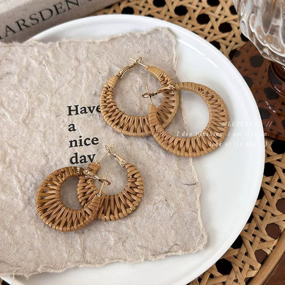 Handmade Wood Straw Rattan Geometric Women's Vacation Style Ring Earrings